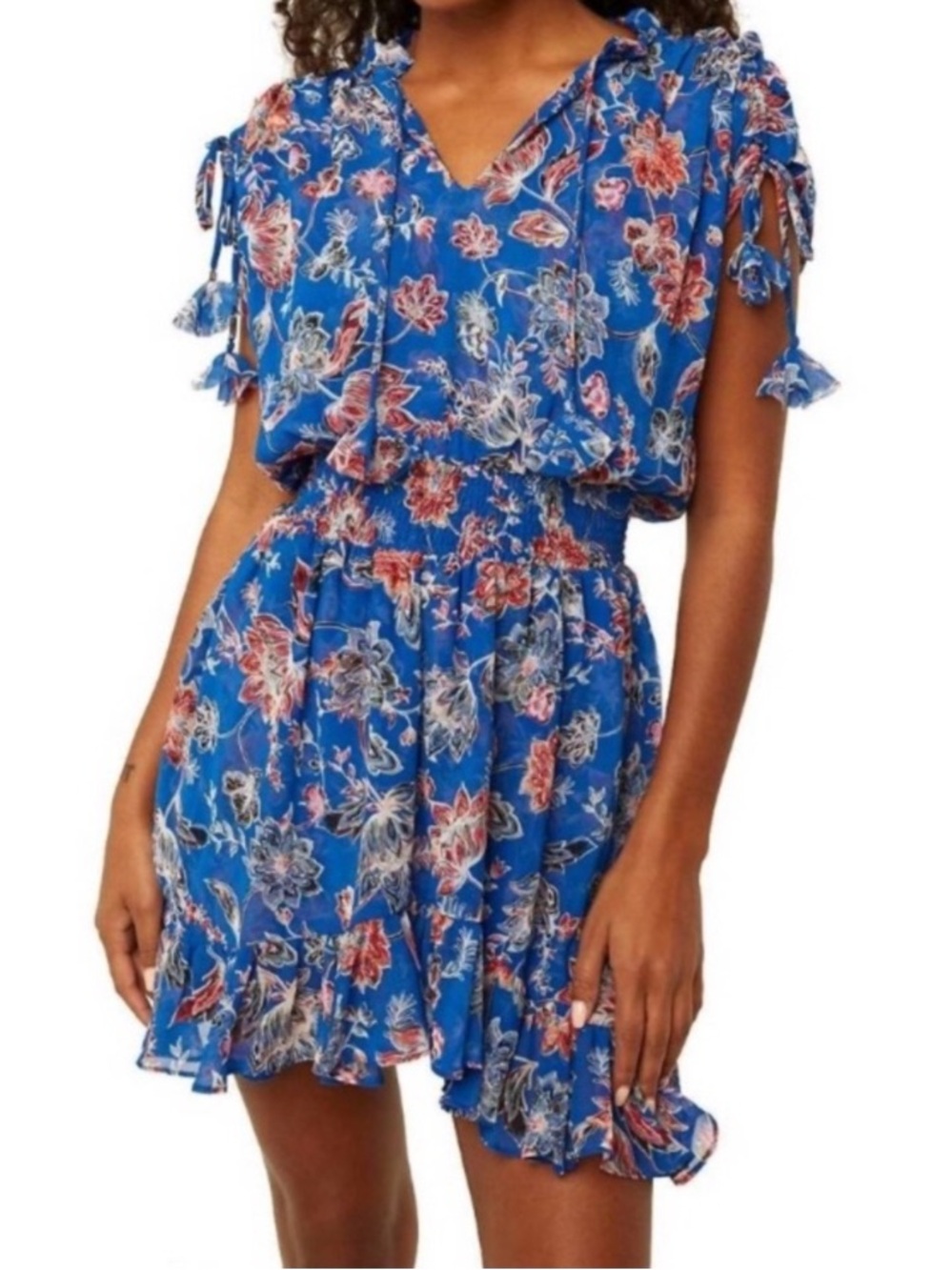 MISA Los Angeles Dominique Mini Dress Sirenuse Blue Red Large Ruffled Tiered